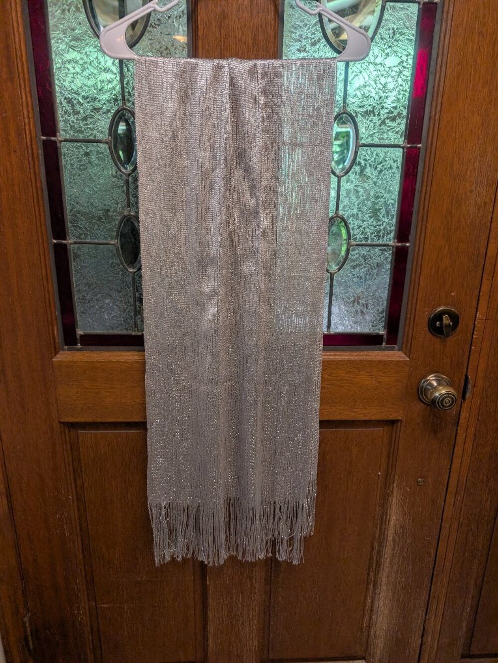 Silver metallic fringed evening scarf